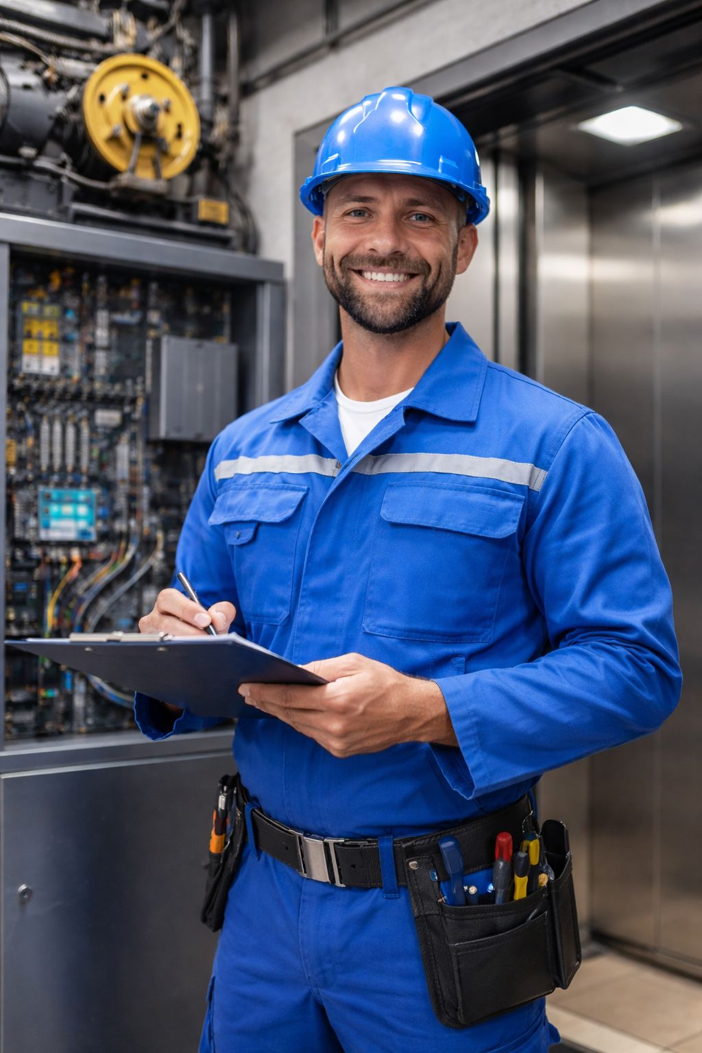 Elevator service technician performing an inspection